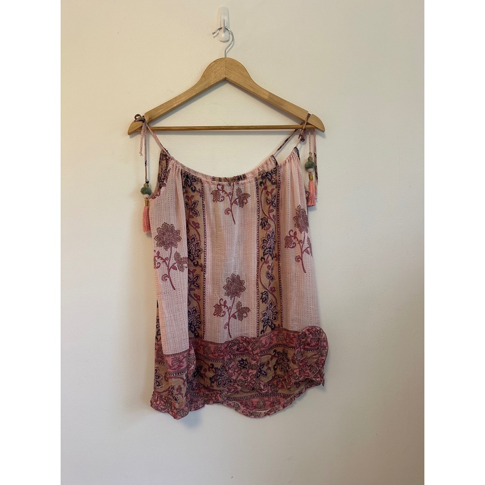 Bell Pink Floral Silk and Cotton Blend Tassel Tie Strap Camisole Top | Size XS